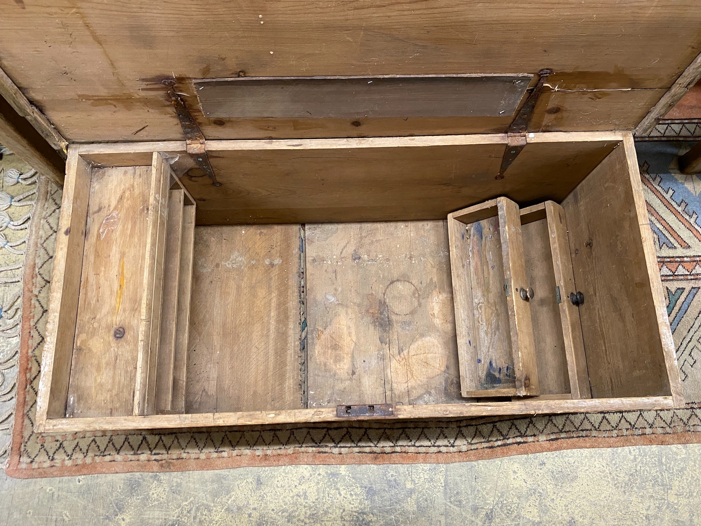 A Victorian rectangular pine trunk, length 110cm, depth 51cm, height 42cm